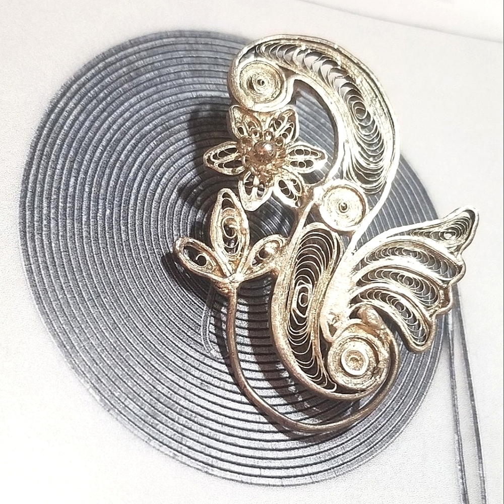 Antique Cannetille Filigree Sterling Flower Beautiful  Brooch